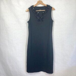 Talbots Black Cotton Gem Split Neck Sleeveless Shift Midi Dress M